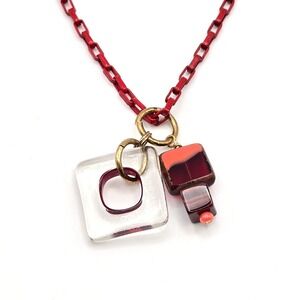 Red Enamel Box Chain Necklace Geometric Glass Stone Square Pendants Adjustable